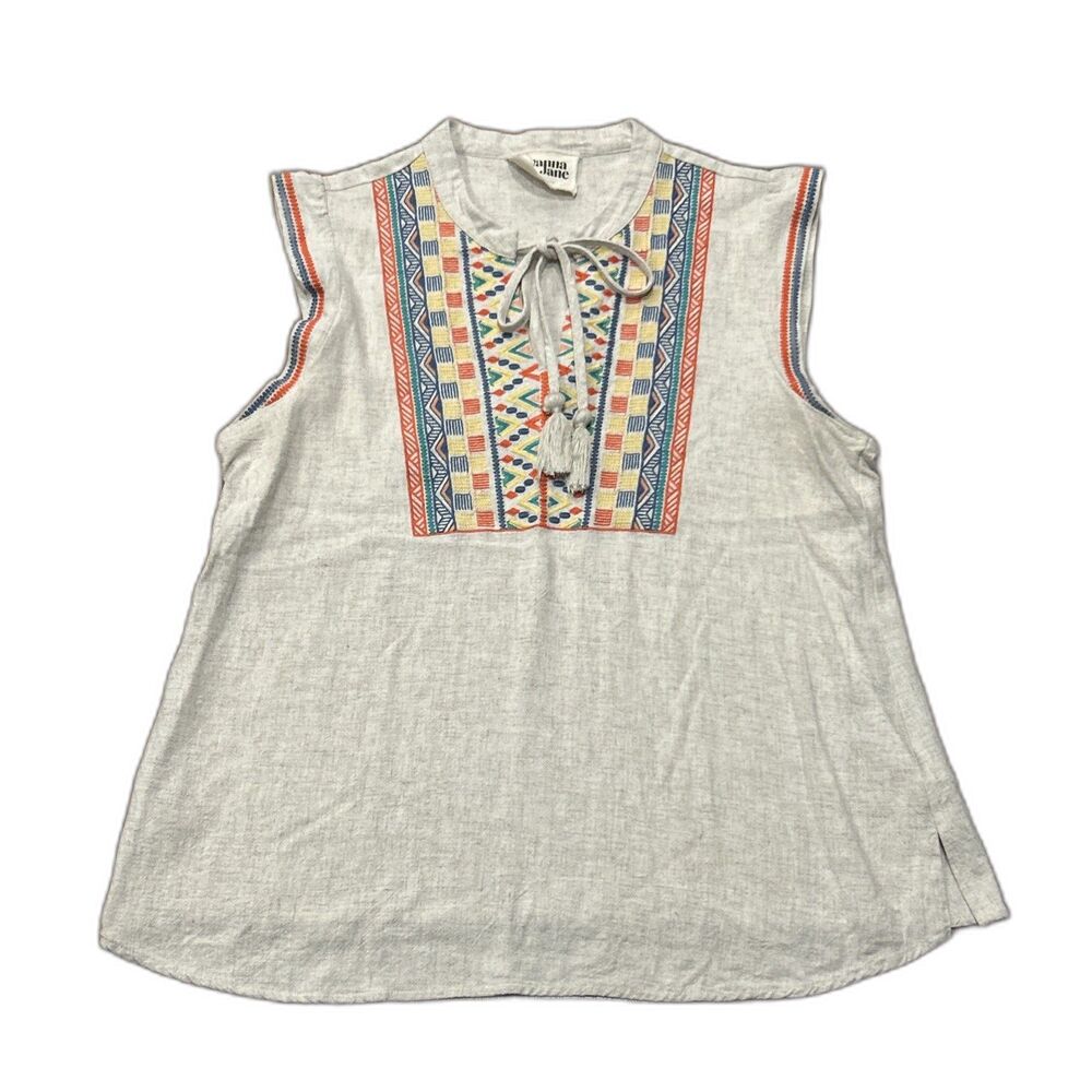 Savanna Jane Top Womens Large Embroidered Blouse Boho Tassels Linen Blend Beige